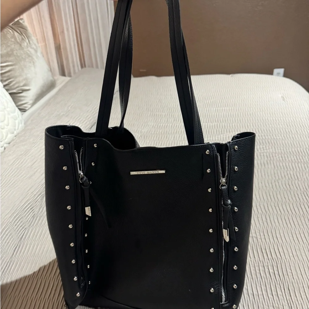 Steve Madden Black Studded Pebbled Tote Bag